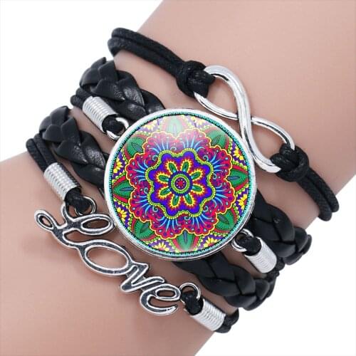 10PC Mandola Flower Buddhism Zen Glass cabochon Love Charm leather wrap bracelets & bangles for women Men Gift Bracelet