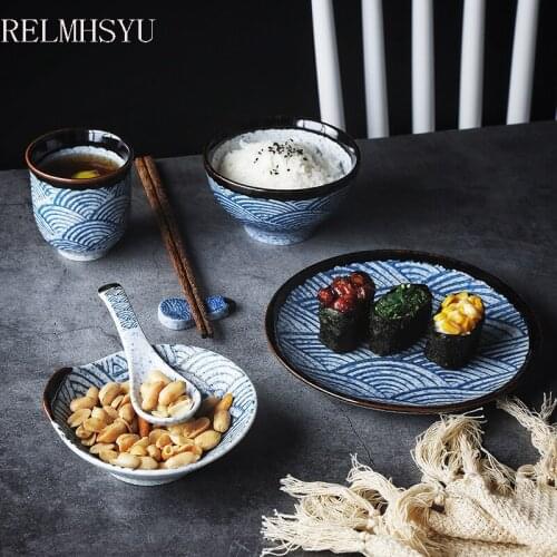 2PC RELMHSYU European Style Ceramic Rice Bowl Soup Spoon WaterTea Cup Round Food Plate Dishes Tableware