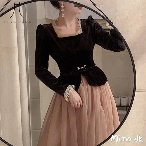 2021 Women Vinatge French Style Square Collar Velvet Top mesh Skirt Two Piece Sets Female Vestido De Mujer юбка и топик комплект