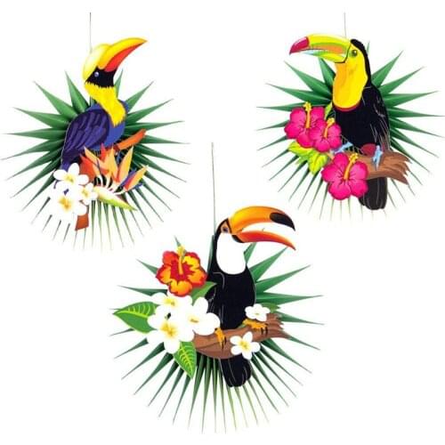 3Pcs DIY Tropical Bird Toucan Palm Leaves Paper Fans Centerpiece Wall Hanging Decorations Hawaiian Party Supplies