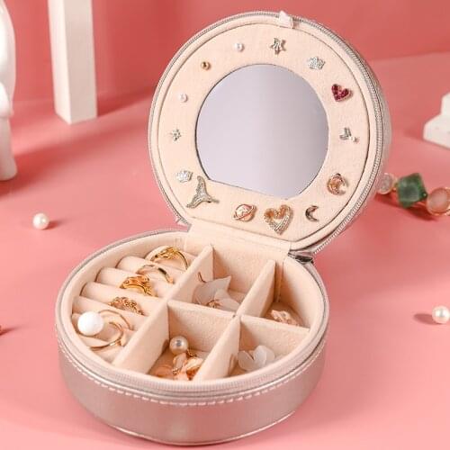 Double Layer With Mirror Jewelry Box PU Leather Small And Portable Stud Storage Box Travel Makeup Box Round Shape Organizer Case