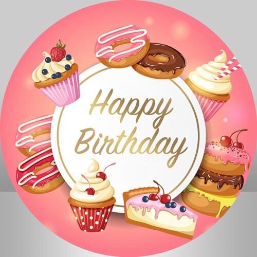 Pink Donut Party Round Circle Backdrop Cover Ice Cream Kids 1st Birthday Party Decor Cake Table Banner Photo Background