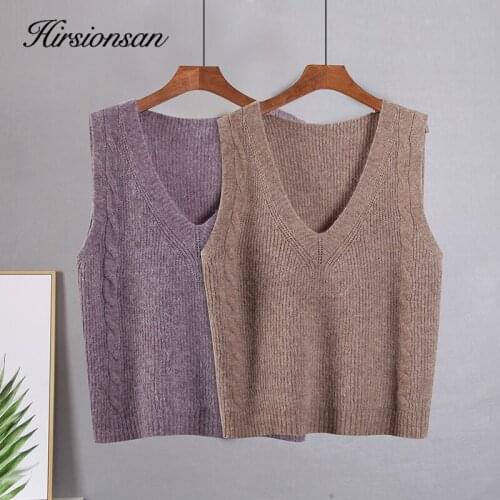 Hirsionsa Women Sweater Vest Korean Style V-neck Cashmere Knitted Leisure Tops Student Sleeveless Female Solid Vintage Waistcoat