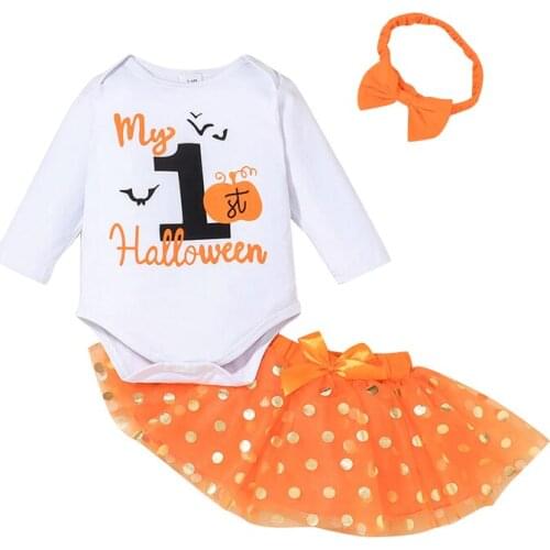 Lioraitiin 0-18M 3Pcs Halloween Day Festival Costumes Long Sleeve Letter Pumpkin Cartoon Print Bodysuit Tops+Dot Skirt+Headwear