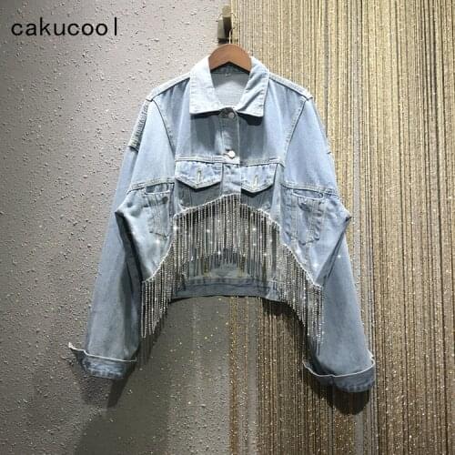 Cakucool Denim Jacket Diamonds Tassels Womens Jeans Korean Loose Jeans Jacket Beading Punk Short Coat Casual Girls Outerwear