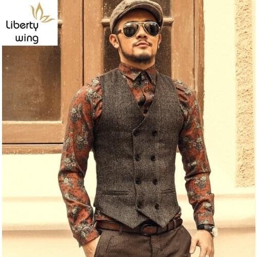 Fashion European Double Breasted V-Neck Wool Blends Mens Vests Casual Slim Fit Plus Size Male Suit Short Waistcoats Formal Wear