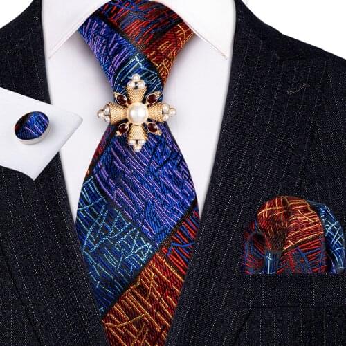 Fashion Brooches Orange Men Wedding Tie Plaid Silk Necktie Hanky Set Barry.Wang Fashion Designer Neck Tie For Men Gift Party