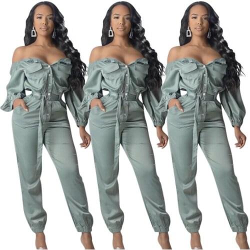 New Women Stylish Single Breasted Solid Color Long Sleeves Casual Jumpsuit Club