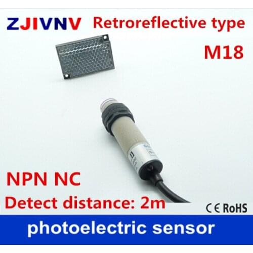 Retroreflective type M18 NPN NC DC 3 wires photoelectric sensor switch with mirror reflector, detect distance 2m CE approval