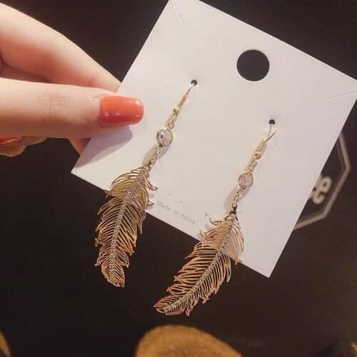 Sparkling Long Rhinestone Earrings For Women Wedding Party Feather Earrings Girl Gold Crystal Zircon Leaf Earrings
