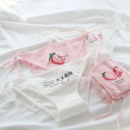 Kawaii Strawberry Print Lolita Underpants Cosplay Students Lingerie Lacing Up Adjustable Cotton Panties Underwear Women Summer