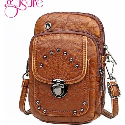 Gusure Vintage Soft Leather Crossbody Bags Rivet PU Women Messenger Shoulder Bag Small Lock Handbags Phone Purses Black Brown