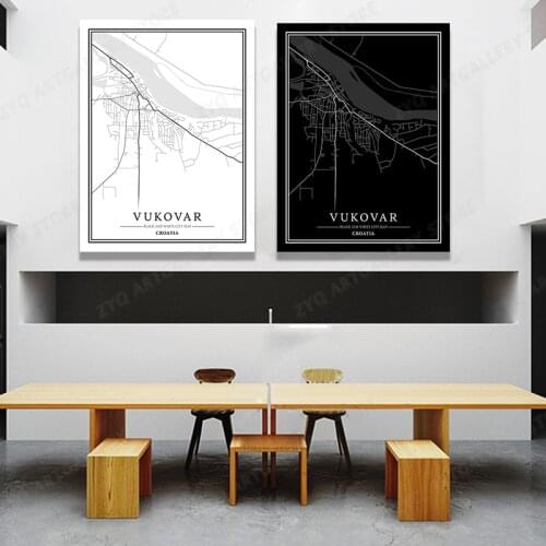 VUKOVAR Map Wall Art Print Poster City Map Street Black & White Latitude And longitude Painting