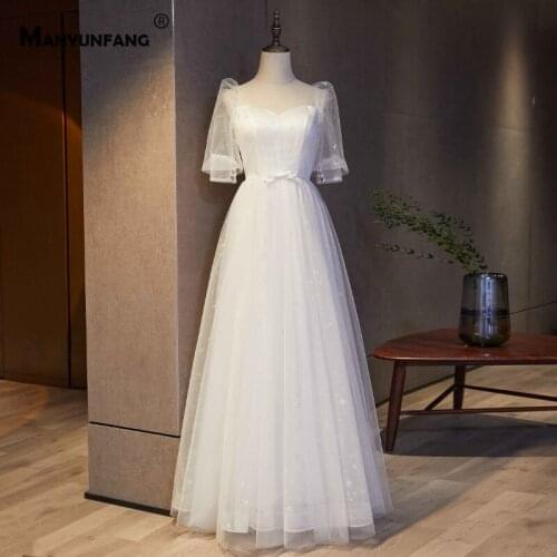 High-End Sweetheart Neck Half Puff Sleeve A-Line Wedding Dress 2021 New Arrival Bowknot Lace Up Back Sweep Train Bridal Gown