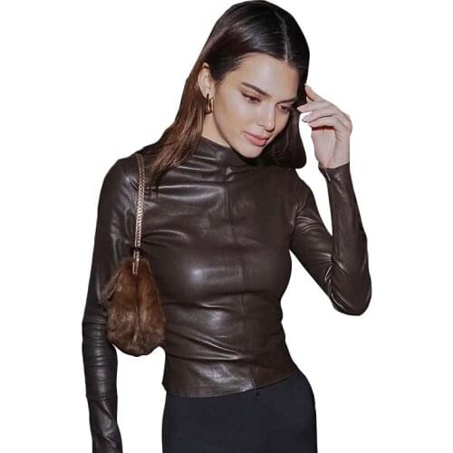 2021 Faux Pu Leather Women Long Sleeve T-Shirt O-Neck Smooth Fashion Zipper Solid Top Office Lady Streetwear Female Outfit