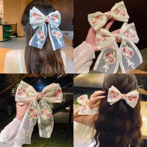 Ins Korean Embroidery Large Bow Hairpin Woman Fashion Grace Lace Ribbon Hairpins Girl Sweet Ponytail Barrette Hair Accessories
