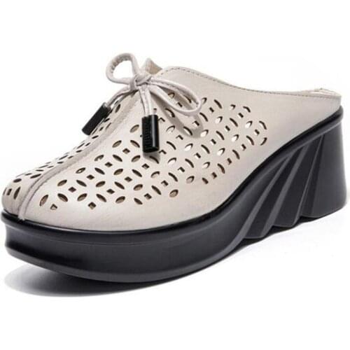 Summer Hot 2020 New Round Head Hollow Bow Genuine Leather Sandals Wedge Platform Sandals Slippers Concise Women Fashion Sandals