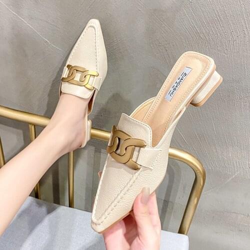 34-42 Plus Size metal chain slippers women sandalias summer beach shoes cover toe slides low heels pointed toe mules femme 2021