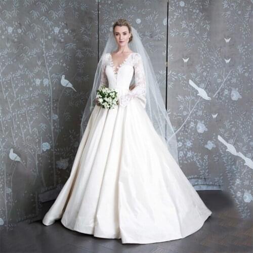 Ball Gown Long Sleeve Wedding Dress Glam V Neck Lace Satin Floor Length Bridal Gowns 2021 Vestido De Novia