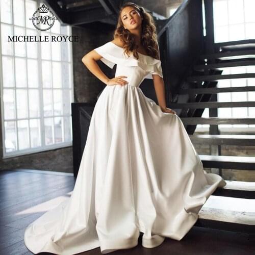 Michelle Royce A-Ling Wedding Dresses 2020 Sexy Boat Neck sleeveless Ruffles Lace Up Court Train Bridal Gowns Vestido De Noiva