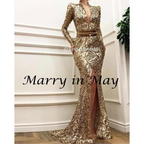 African Style Mermaid Formal Women Evening Dresses 2021 Gold Lace Sequins Sexy V Neck Long Sleeves Front Split Prom Gowns