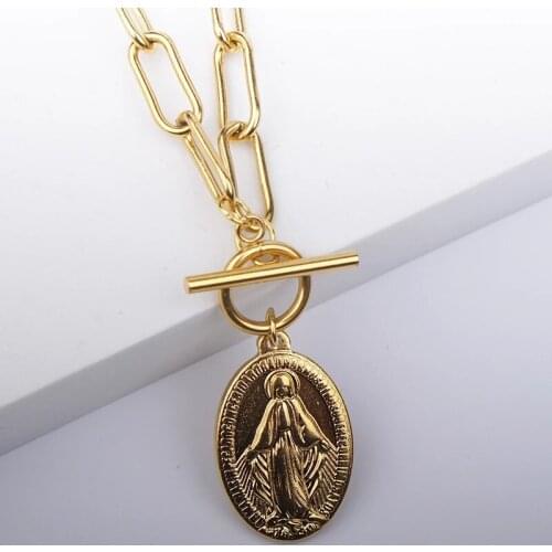 100% Stainless Steel Virgin Mary Toggle Necklace Gold/Silver Color Metal Medalla Virgen Maria Statement CHUNKY Chain Choker