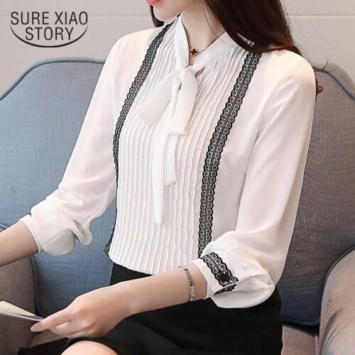 Blusas Mujer De Moda 2021 Womens Tops And Blouses Bow Office Lady Women Blouses V-Neck Solid Chiffon Blouse Shirts D472 30