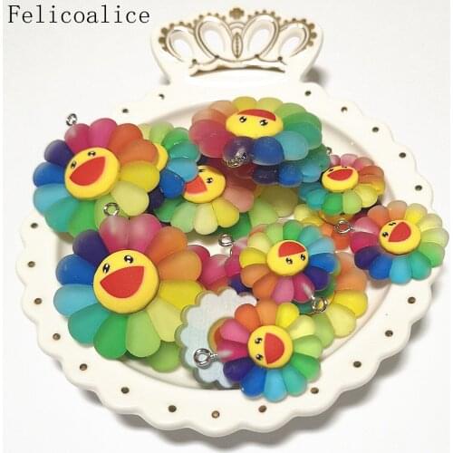 8pcs Cute Resin Flatback Rainbow Sunflower Smiley Face Cabochons Scrapbooking Miniatures Pendants For DIY Keychain Phone