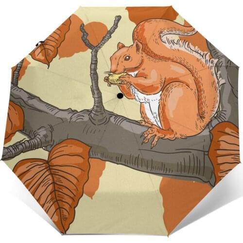 Automatic Umbrella Squirrel Autumn Print three-fold umbrella women men rain umbrella