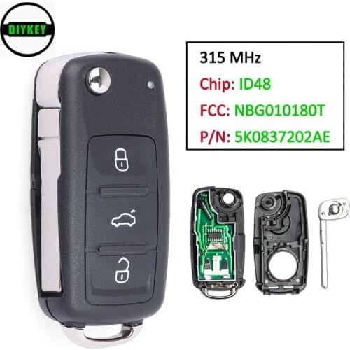 DIYKEY Remote Key Fob 315MHz ID48 3 Button for Volkswagen Golf GTI Jetta Touareg Passat FCC: NBG010180T, 5K0837202A, 5K0837202AE