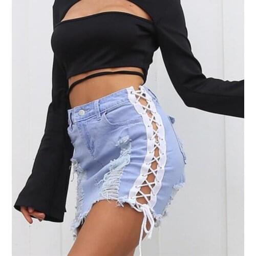 High Waist Ripped Holes Denim Skirts Women Sexy Bandage Lace-Up Jeans Skirt Female Skinny Hollow-Out Miniskirt Summer Fashion