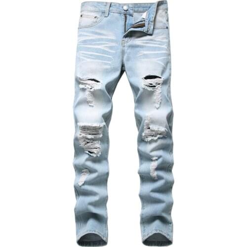 Denim Trousers Straight Washed with Pleated Ripped holes button skinny biker jeans blue 2020 slim fit jeans men pants hot sale