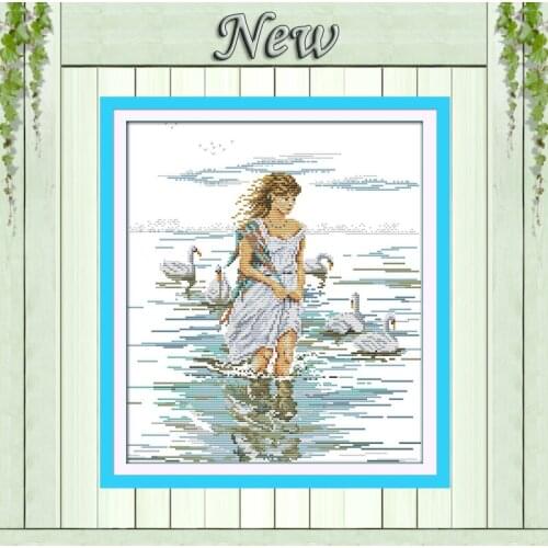 The girl and swan lakeside Drawing painting counted print on canvas DIY 14CT 11CT DMC Cross Stitch kit Needlework Set Embroidery