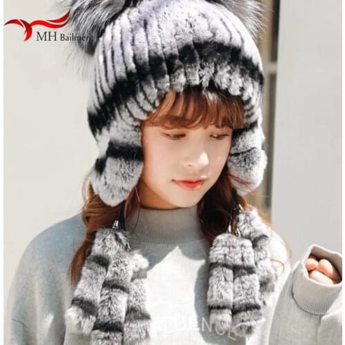 Hot Sale Women Beanie Winter Handmade Stripes Real Rex Rabbit Fur Hat Women Fur Hats Warm Soft Female Caps Winter W#32