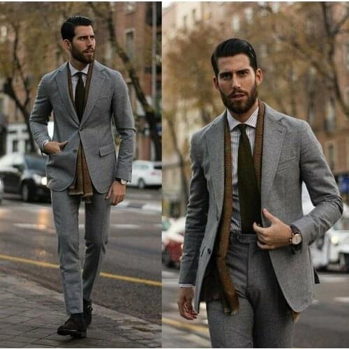 2020 Mens Gray Cashmere Blend Tweed Suits Formal Office Business Two Button Notch Lapel Work Wear Suits