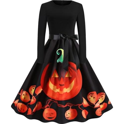 Fancy Pumpkin Printed Halloween Dress Long Sleeve Mid Length Princess Swing Dress Ladies Costume for Festival Party S-XXL
