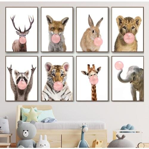 Bubble Deer Tiger Lion Elephant Red Fox Raccoon Wall Art Canvas Painting Nordic Posters And Prints Wall Pictures Kids Room Decor