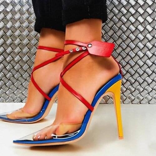 Newest Clear PVC Patchwork High Heel Pumps Pointed Toe Mixed Color Ankle Strap High Heel Dress Shoes Cut-out Gladiator Shoes