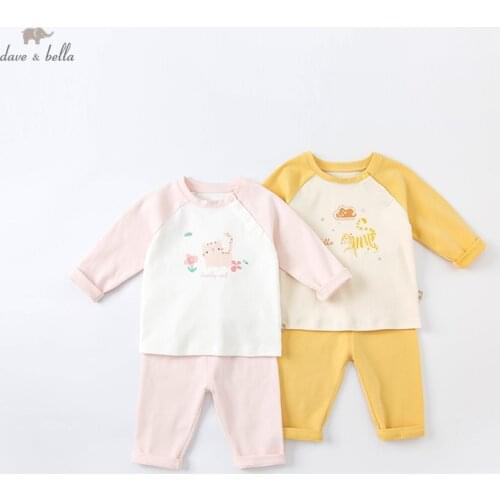 DBJ19280 dave bella autumn baby girls fashion cartoon print patchwork pajamas newborn baby underwear casual sleepwear 2 pcs suit