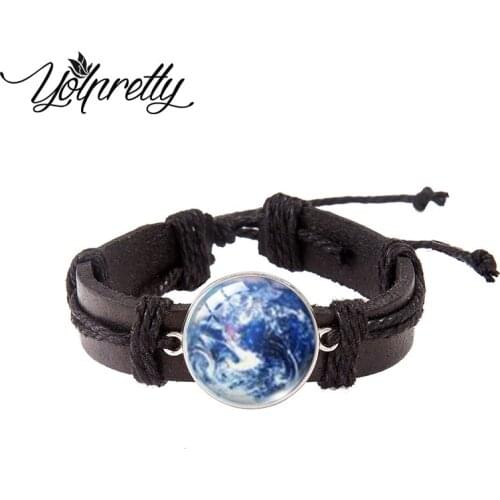 Solar System and Planet Moon Lace-up Leather Bracelet Glass Cabochon Charm Pendants Jewelry for men