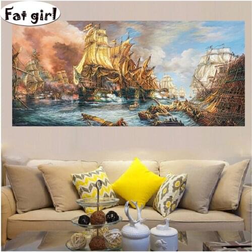 Rhinestone painting Battle at sea landscape sailboat cross stitch diamond embroidery diamond painting mosaic full drill diy art