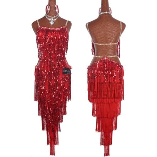 Women girls latin Red sequins Latin dance competition dress embroidered Latin dance tassel skirt costume Latin dance costume