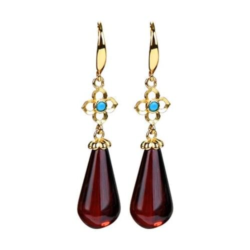 S925 sterling silver Gold plating Natural Blood Amber Earrings Personality Four-leaf clover Ladies Eardrops Ear hook Earrings