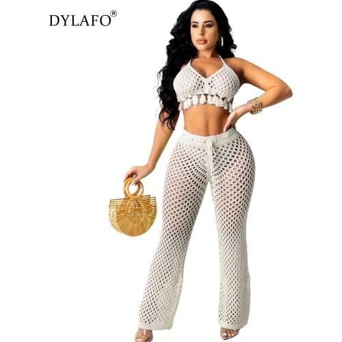 2021 Sexy Knitting Mesh Hollow Out Two Piece Set Women Wool Holiday Beach Suit Lace Up Tassel Vest Cropped Top Wide Legged Pants