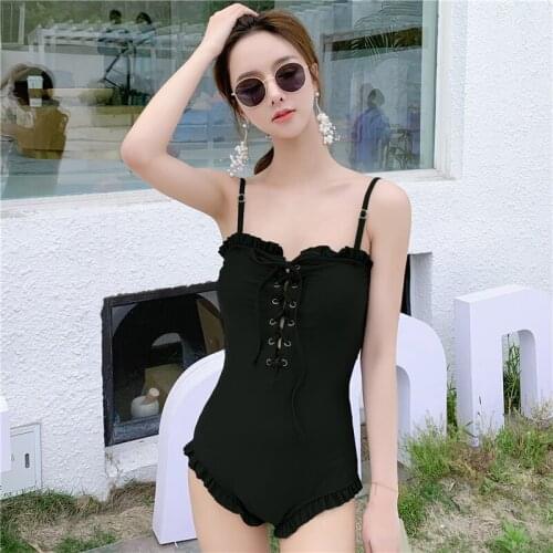 Straps Ruffle Swimsuit Women Sexy Lace Up Swimwear One Piece Bathsuit Ruffle Trikini Bodysuit Push Up Padded Beach Wear Solid