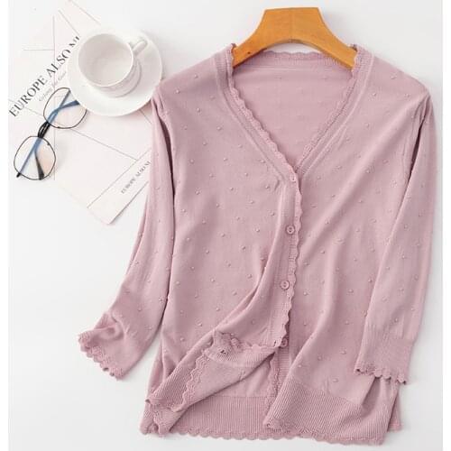 Women Sweater Summer Coats Cardigan 2021 New Thin Long Sleeve Knitted Button Lacework Cardigan Female Korea Sweaters Tops