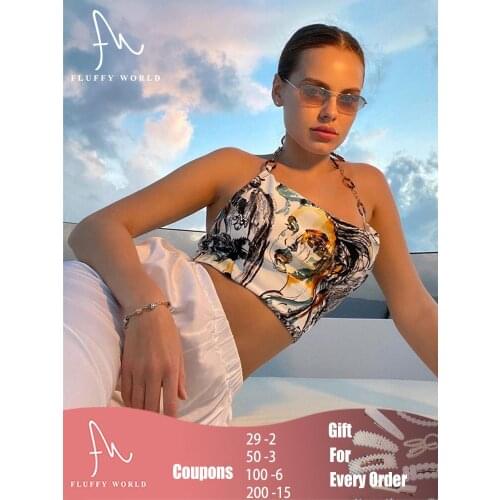 Backless Sexy Tie-dye Printing Crop Top Female 90s Cool Girls' Y2K Chain Halter Bandage Crop Top Ruched Tops Summer Streetwear