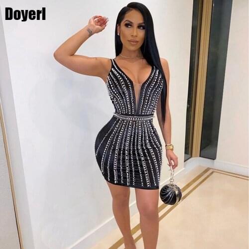 Club Party Sexy Summer Dress Women V Neck Backless Beading Luxury Evening Mini Elegant Bodycon Dress 2020 Bandage Short Dress