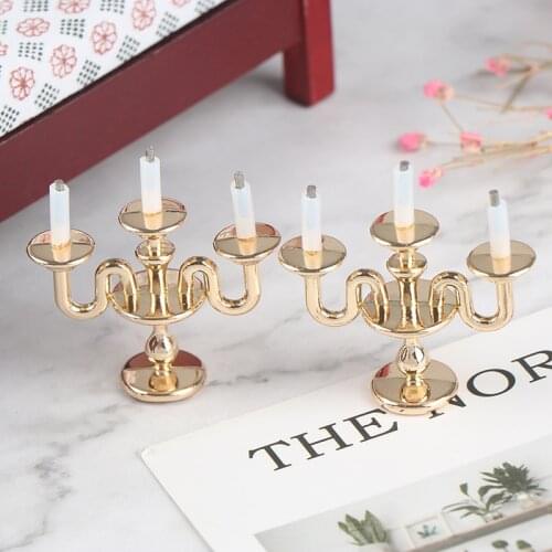 2Pcs 1/12 Dollhouse Miniature Furniture Metal Candle Holder Three-headed Candle Holder Model Pretend Play Dollhouse Toys