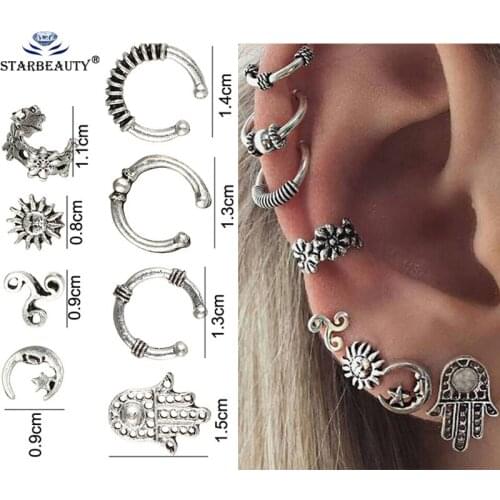 8Pcs/Lot Fake Ear Piercing Retro Silver Color Stainless Steel Clip-on Earrings Non-piercing Ear Cartilage Cuff Ear Drop Ear Clip